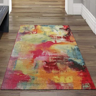 Produktbild von Moderner Kurzflor Teppich Leinwand Optik multicolor orange grün Größe - 80 x 150 cm