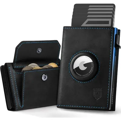 Zdjęcie produktu dla Etui na karty męskie z przegródką na AirTag, duża pojemność, przegródka na monety, ochrona RFID, kolor czarno-niebieski