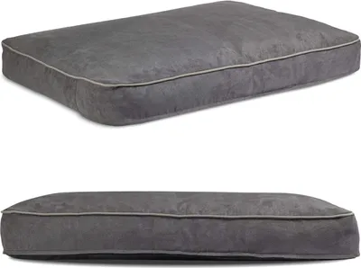 Two views of a gray dog bed on a white background.