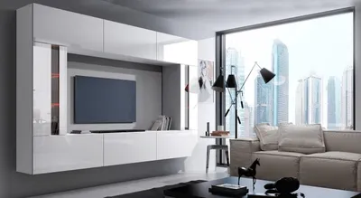 Produktbild von Furnitech Wohnwand Wohnzimmer - Wohnzimmer Möbel mit LED RGB - 16 Farben - Hängend Wohnwand Modern - Regale und TV Schrank (Future Weiß)