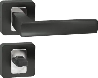 Produktbild von DOMINO Türgriff Drückergarnitur WC - Badezimmer Set | quadratische Rosette | für Badezimmertüren | Set WC - Rosetten-Garnitur | Türbeschläge aus Aluminium | Chrom/Anthrazit |MAFF QR M6/ANTHRAZIT