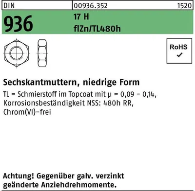 Produktbild von Reyher  Sechskantmuttern DIN 936 17 H M 12 flZn (500 Stück)
