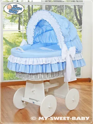 Immagine prodotto di Cestino per bebè con cappuccio - Bellamy bianco + lenzuola bianche e blu