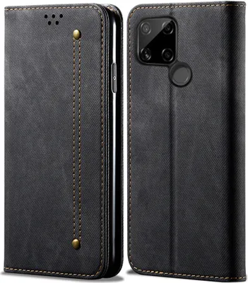 Produktbild von OPPO Realme C21 Hülle, LaimTop Denim Leder Brieftasche Magnetverschluss Flip Bookstyle Schutzhülle mit Standfunktion für OPPO Realme C21 Schwarz