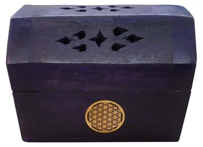 Produktbild von Räucherkegelhalter India Truhe "Blume des Lebens" Holz violett 9x6cm