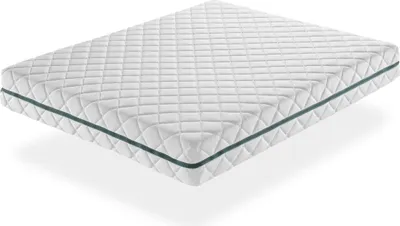 A white mattress with a green stripe around the edge, shown from a diagonal angle on a white background.