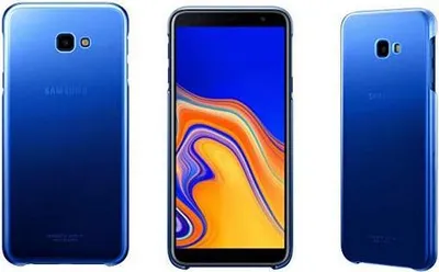 Three views of a blue Samsung Galaxy J4 Plus smartphone, showing the front and back.
