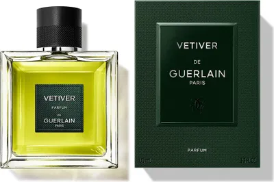 A bottle of Guerlain Vetiver Parfum and its packaging are displayed side-by-side against a white background.