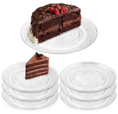 Immagine prodotto di Vilde | Set dessert 7 pezzi - Alzata in vetro Ø 25 cm - 6 piatti da dessert Ø 18 cm - Lavabile in lavastoviglie