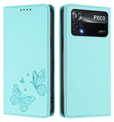 Produktbild von Lederhülle für Xiaomi Poco X4 Pro 5G, Schmetterling Prägung Leder Brieftasche Schutzhülle mit Ständer Türkis