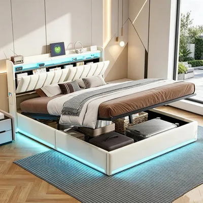 Obrázok produktu pre Postel s pružinovou základňou INONEFT, rozmer 140x200 cm, s LED osvetlením a USB portami, čalúnená posteľ s úložným priestorom, hydraulická dvojposteľ, materiál: zamat, farba: béžová.