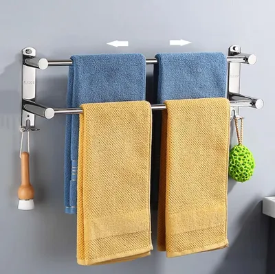 Produktbild von Handtuchhalter Ausziehbar 2 Armig, 43-75CM Teleskop Handtuchhalter Ohne Bohren mit 4 Hakenpositionen, Handtuchstange Edelstahl für Badezimmer Küche Wand (Doppelter Handtuchhalter)