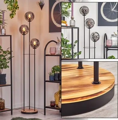 Produktbild von Fossobiubo Stehlampe aus Metall/Holz/Glas in Schwarz/Hellbraun/Rauchfarben