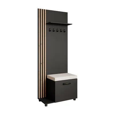 Produktbild von Garderobenschrank LIVIA Links Schwarz– Garderobe mit Kleiderhaken, Schuhschrank, Lamellen in Eiche, hellbeiges Sitzkissen, Hochschrank, Flurmöbel