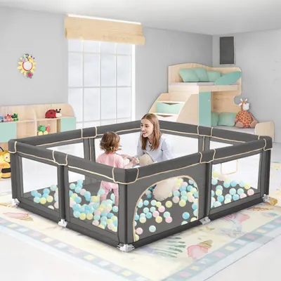 Produktbild von Baby Laufgitter Laufstall Absperrgitter 160 x 160cm mit Spielbällen Aktivitätszentrum Rutschfester Basis, atmungsaktivem Netz Sicherheitsspielplatz, Grau