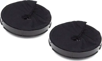 Two black carbon filters for a cooker hood, shown from a slightly elevated angle against a white background.