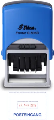 Produktbild von Stempel Lagertext "POSTEINGANG" mit Datumsfeld bis 2030, Selbstfärbestempel Shiny S-836D inkl. Stempelkissen in blau und rot