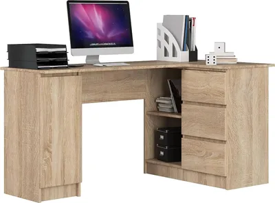 Zdjęcie produktu dla Biurko narożne - Miejsce do pracy - Biurko do pracy w domu - Organizacja przestrzeni do pracy - Duża ilość miejsca do przechowywania - 155 cm - Wykończenie: dąb Sonoma