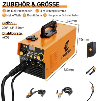 Produktbild von Fülldraht Schweißgerät 3in1 MIG MMA TIG Gaslos Inverter 200A 220V Drahtgeschwindigkeit 2 bis 12 m min mit Zubehör Elektrodenhalter Erdungsklemme