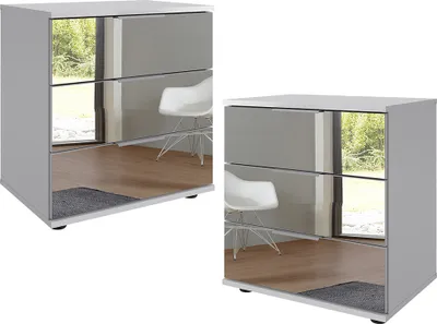 Produktbild von Nachtschrank 2er Set 58cm hoch, weiß mit Spiegelfront, STRATFORD-43