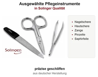 Immagine prodotto di Set per manicure Solingen* in custodia di pelle - Germany - forbici per unghie, lima per unghie in zaffiro (grossa/fine), pinzette per la cura delle cuticole - Vera pelle nera