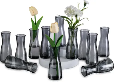 Image de Lot de 12 petits vases en verre, de couleur grise, pour la décoration de table