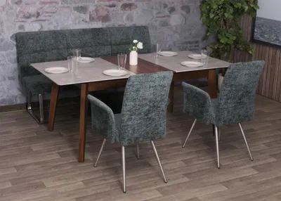 Zdjęcie produktu dla Zestaw do jadalni HWC-G55, zestaw 2 krzeseł z podłokietnikami + ławka 180cm, stal nierdzewna szczotkowana tkanina/tkanina szenilowa ~ niebiesko-zielony