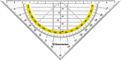 A clear plastic geometry triangle ruler with markings for angles and measurements.