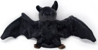 A plush toy bat is shown against a white background.