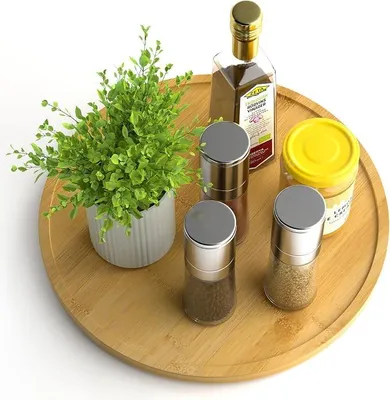 Produktbild von PolkaHome® Lazy Susan Organizer 30 cm Bambus Drehteller Antirutsch Rotierendes Gewürzregal für Küchenschrank, Holzdrehteller mit