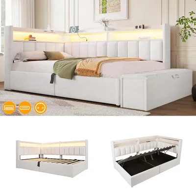 Immagine prodotto di Letto imbottito multifunzionale Merax, 90x200 cm, con vano contenitore a sollevamento idraulico, illuminazione LED, porte USB-A e USB-C, testiera regolabile e rivestimento color crema