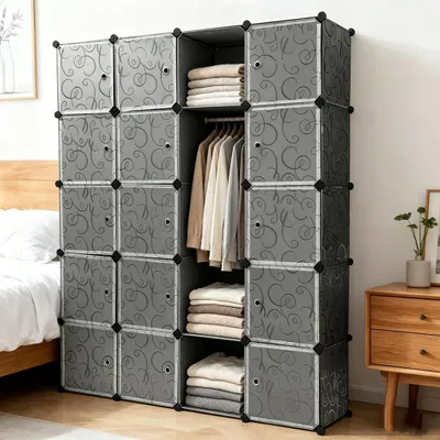 Produktbild von Kleiderschrank Garderobe Regalsystem mit Türen PP Kunststoff Aufbewahrung von Kleidung, Büchern DIY Montage Steckregal mit 2 Kleiderstange