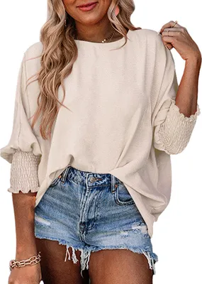 Produktbild von ASKSA Damen T-Shirt Puffaermel Rundhals Sommer Bluse Elegant Einfarbig Lose Laessig Kurzarm Tunika Oberteile (Aprikose,XXL)