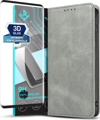 Produktbild von Handyhülle für Samsung Galaxy S10 mit 9H Displayglas Kunstleder Flip Cover Hülle Handytasche Case Kartenfach Farbe: Grau