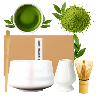 Produktbild von Matcha Set Keramik 4-teilig – Matcha-Schale Weiß Geriffelt – Bambus-Schneebesen – Halter – Bambuslöffel