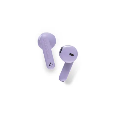 A pair of lavender purple wireless earbuds are shown against a white background.