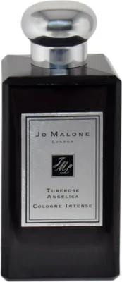 A black glass perfume bottle with a silver cap and a silver label.
