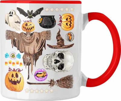 Produktbild von Trendation - Halloween Tasse Kürbis Dekoration Becher Geister Fledermaus Totenkopf Hexe Grusel (Rot)
