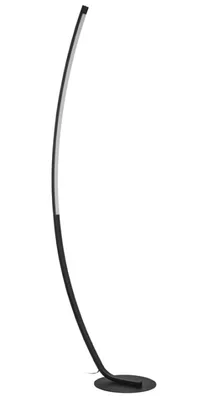A black floor lamp with a curved design and a white LED light strip is shown against a white background.