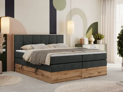 Produktbild von MKS MEBLE Boxspringbett, Doppelbett mit zwei Multipocket-Matratzen ALBERO 1 KING, Bettkästen und Kopfteil, Holzkiste in Wotan-Eichenfarbe - 200x200 cm - H3 - Dunkelgrau Struktur