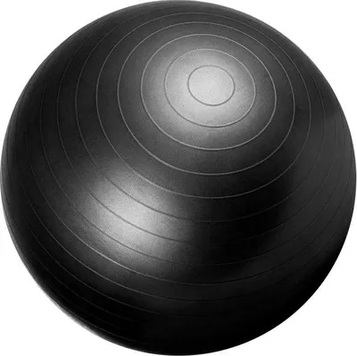 A black exercise ball with concentric circles on its surface, presented against a white background.