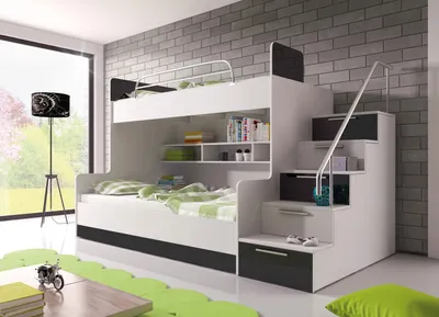 Produktbild von Etagenbett TOMI 2 , Doppelstockbett Hochglanz Kinderbett Hochbett , MIT Matratze und Lattenrost (Weiss / Schwarz, Treppenseite: RECHTS )