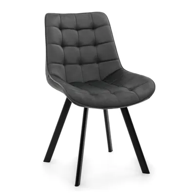 A single gray upholstered chair with black metal legs is shown against a white background.