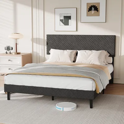 Productafbeelding van Boxspringbed 140x200 cm met lattenbodem, verstelbaar hoofdeinde (3 standen), metalen frame, linnenstof in de kleur grijs, 15,5 cm bodemvrijheid, zonder matras