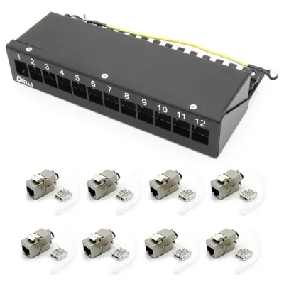 Produktbild von ARLI Patchpanel inkl. 12x Keystone Cat8.1 Module – 12-Port Patchfeld Gehäuse schwarz