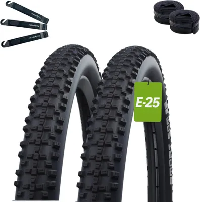 Produktbild von 2 x Schwalbe Smart Sam ADDIX Performance Line Fahrradreifen Schwarz/Reflex 65-584 (27.5 x 2.60) + 2 x Schwalbe Schläuche AV21F inkl. maxxi4you Reifenheber