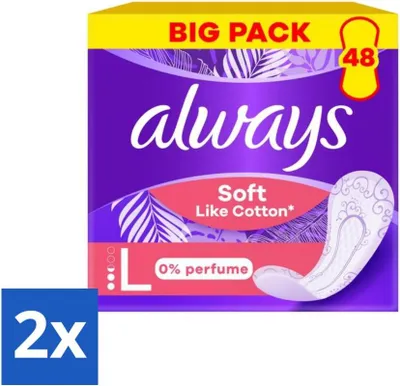 Zdjęcie produktu dla Always – wkładki higieniczne – miękkie jak bawełna, długie, bez substancji zapachowych – 48 wkładek higienicznych – opakowanie ekonomiczne – 2 sztuki