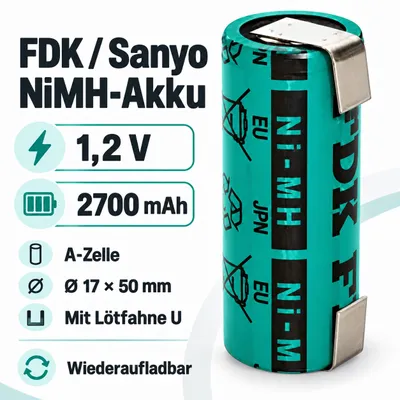 Produktbild von FDK / Sanyo Akku 1,2 V 2700 mAh A Zelle NiMh 17 mm x 50 mm mit Lötfahne U
