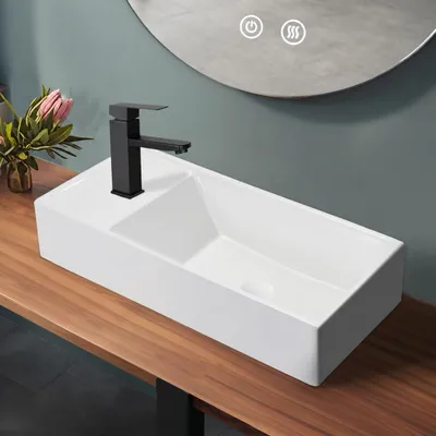 Image de ZMH lavabo céramique lavabo suspendu rectangulaire à poser avec trou pour robinet 40 × 22 × 10cm gauche lavabo suspendu pour salle de bain WC invités lavabo, Image générée par une IA