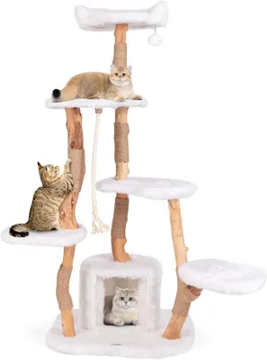 Imagen del producto de Kratzbaum de madera, 168 cm de altura, con cueva, plataformas de felpa, postes rascadores de yute, bola colgante y cuerda de sisal. Árbol rascador para gatos de varios niveles, estructura para que los gatos puedan trepar